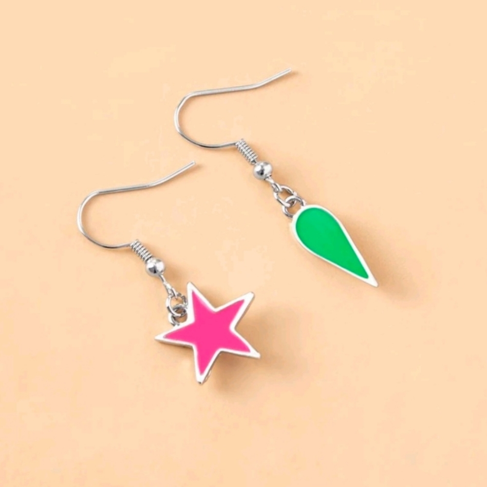 Pink Star and Green Teardrop Kids Earrings